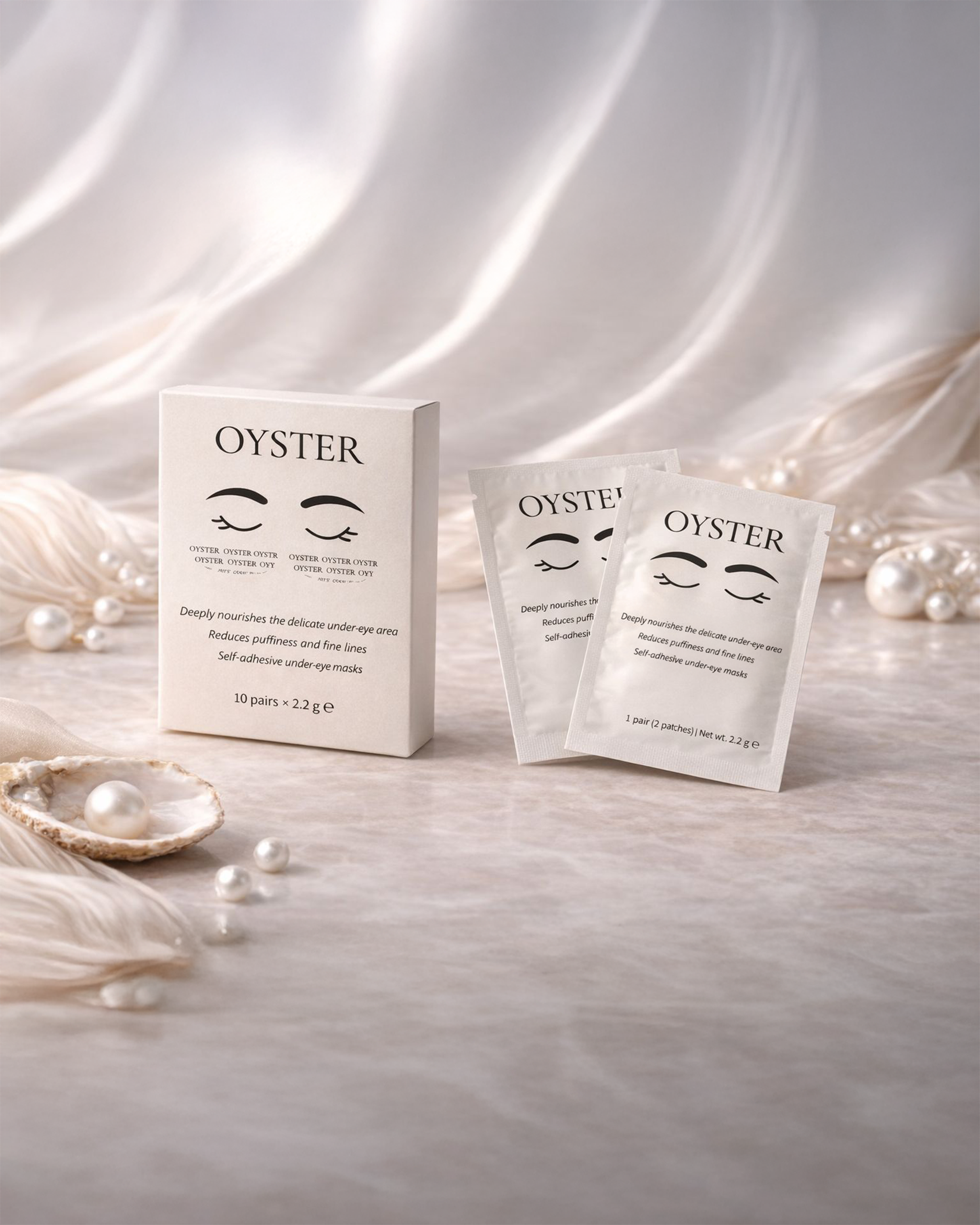 Eye Gel Pads aurrounded by oyster pearls