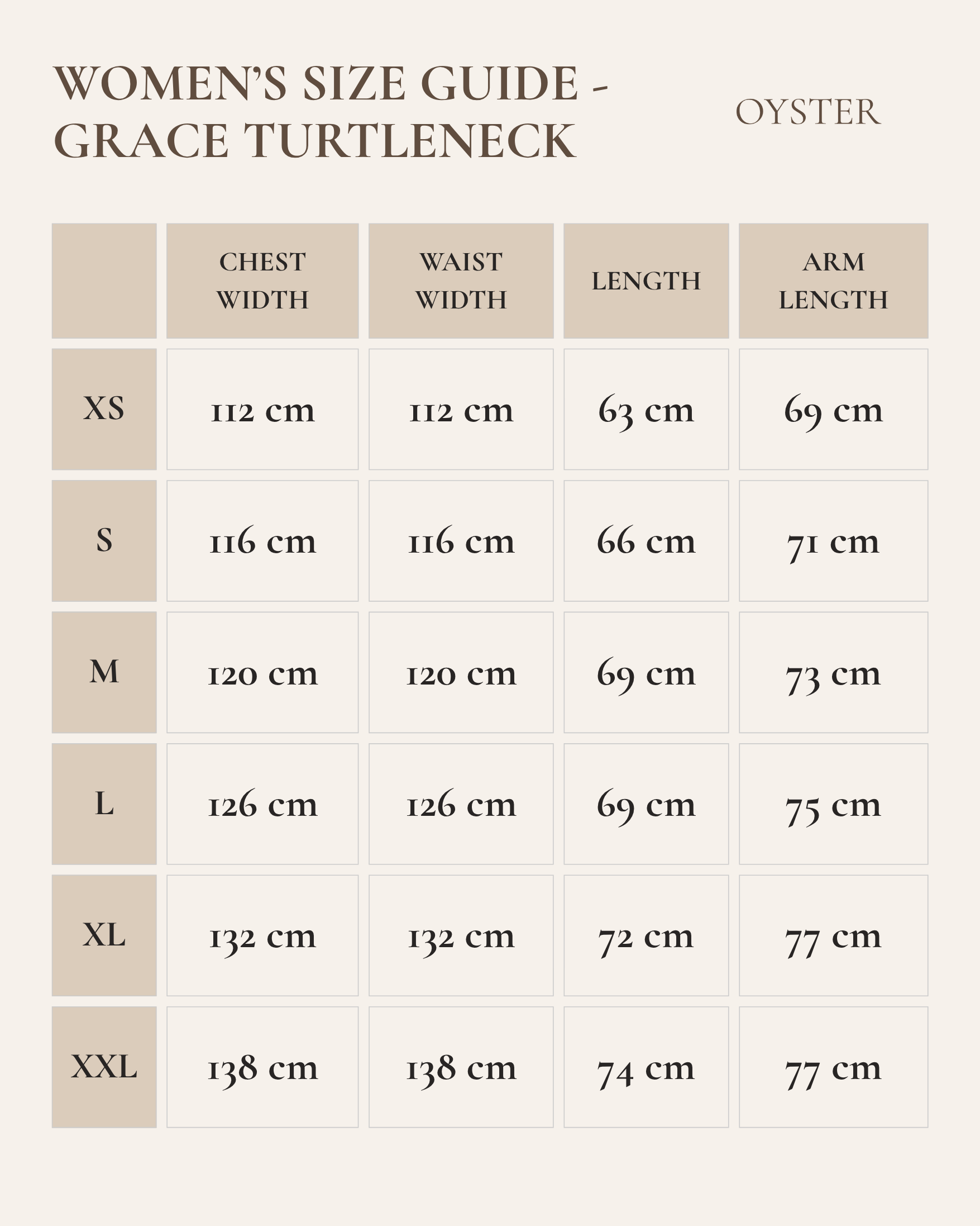 Size guide for women's oyster Grace Turtleneck on a beige background